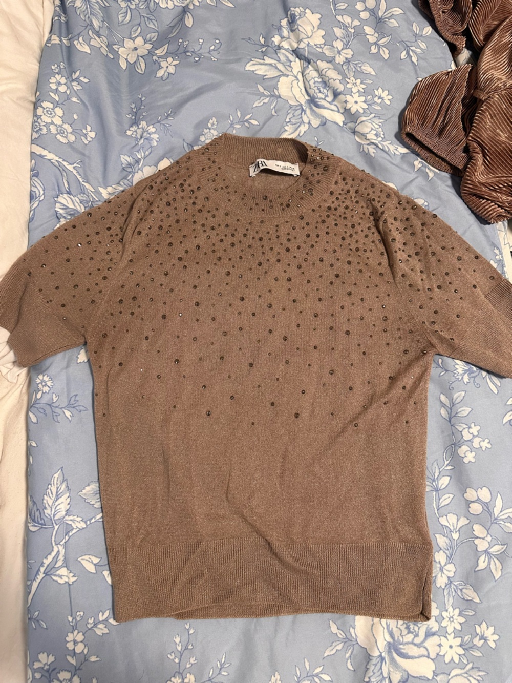 Zara Taupe Rhinestone-Embellished Knit Sweater